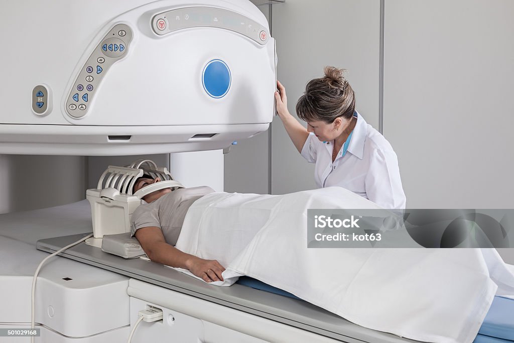 MRI of the patient's head. The patient goes tomography of the head. MRI Scanner Stock Photo