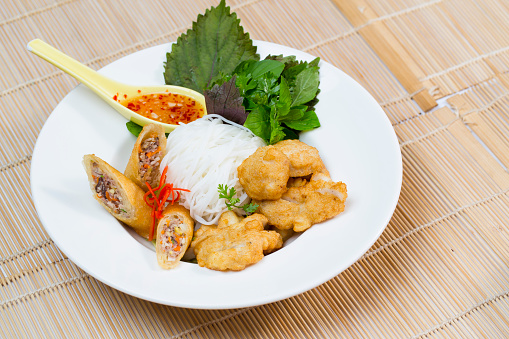 Squid Sausage on noodles,a Vietnamese cuisine. 