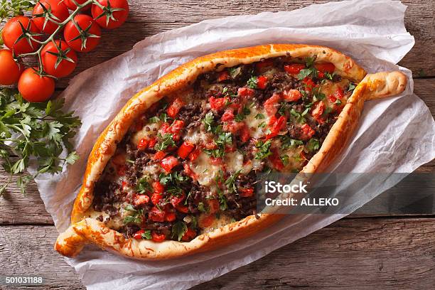 Turkish Pide Pizza With Meat Closeup Horizontal View From Above Stock Photo - Download Image Now