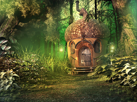 Deep forest scenery with fairy house, trees and plants