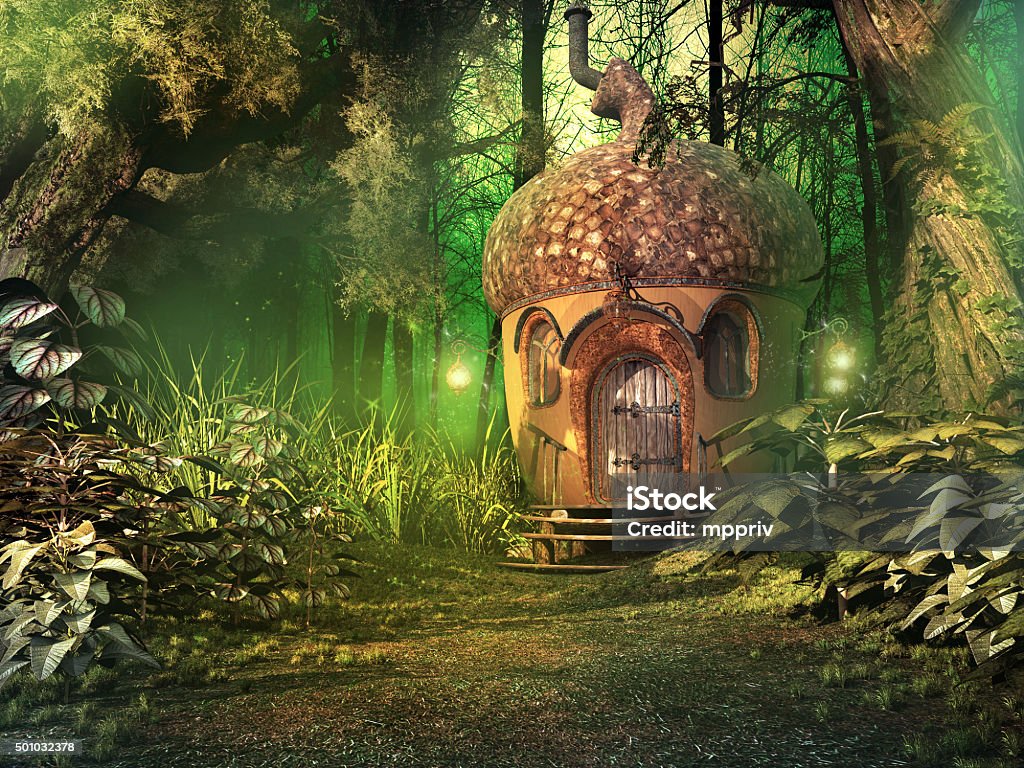 Fairy house in deep forest Deep forest scenery with fairy house, trees and plants Fairy Stock Photo