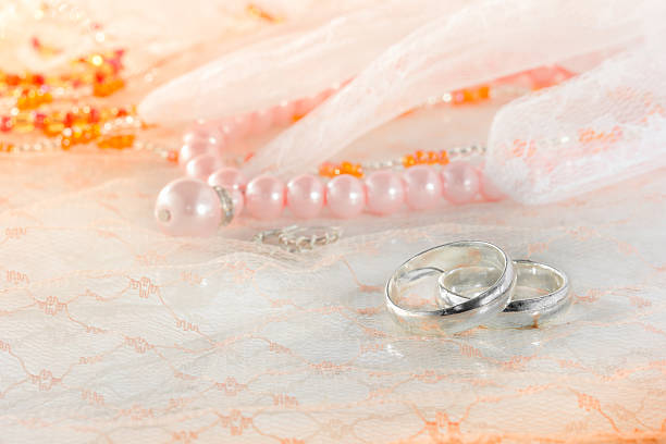 istock Wedding rings with pearl on lace background. 501033384