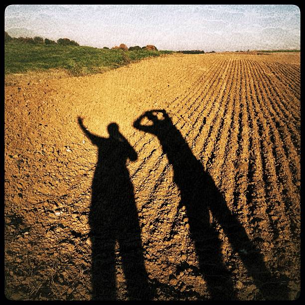 Silhouette of  long legged persons projected on a harrowed field in the late afternoon. Taken with iPhone and processed with Snapseed.