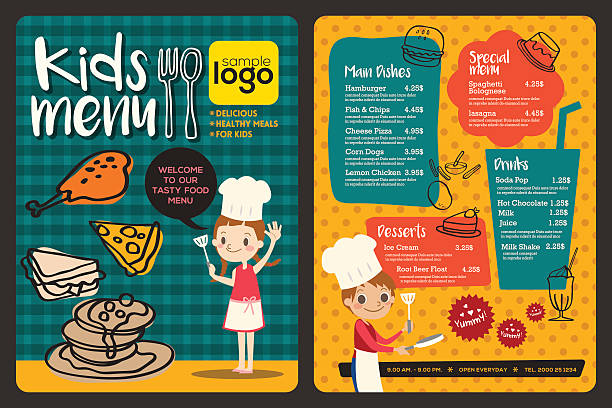 illustrazioni stock, clip art, cartoni animati e icone di tendenza di carino colorato modello di menu per bambini - dessert food place setting dishware
