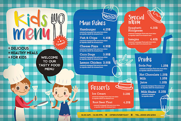 Cute colorful kids meal menu template Cute colorful kids meal menu placemat vector template chef borders stock illustrations