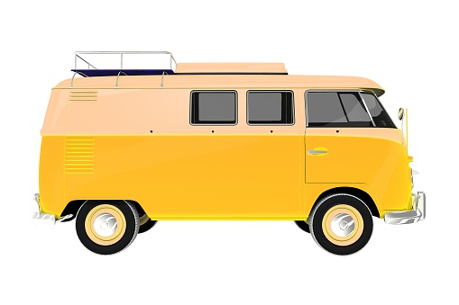 Yellow Camper Van Vintage Style Isolated on White Background. Camper Side View.