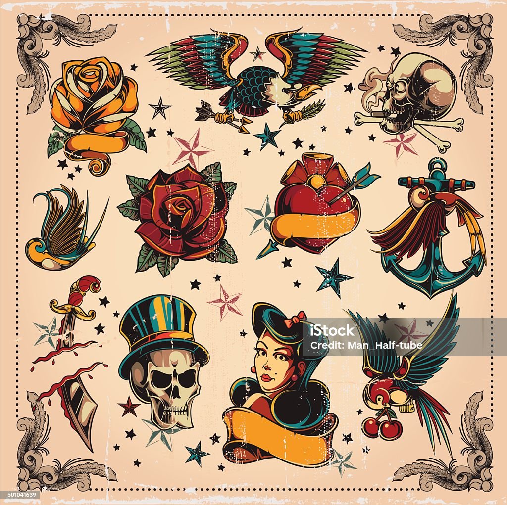 Old school tattoos Tattoo set in old school style Tattoo stock vector