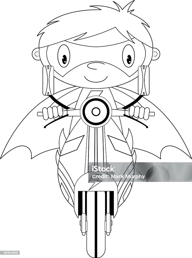 Cartoon Superhero on Scooter Outline The file is fully editable and can be tailored to suit your specific requirements.  Black And White stock vector