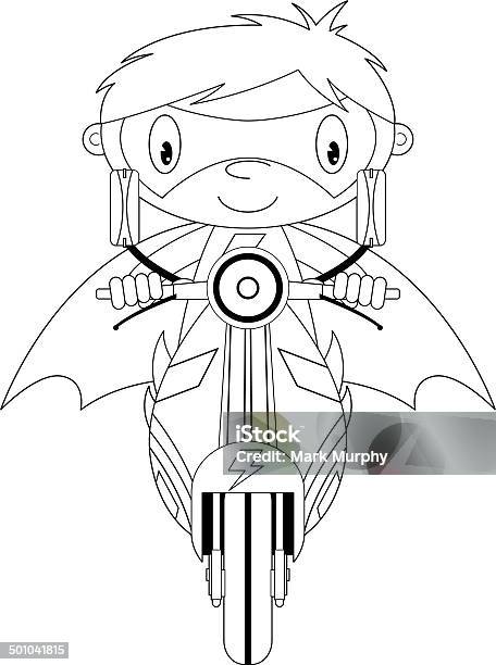 Cartoon Superhero On Scooter Outline Stock Illustration - Download Image Now - Black And White, Cape - Garment, Cartoon