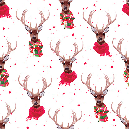 Graceful deer wearing stylish winter scarves seamless vector print