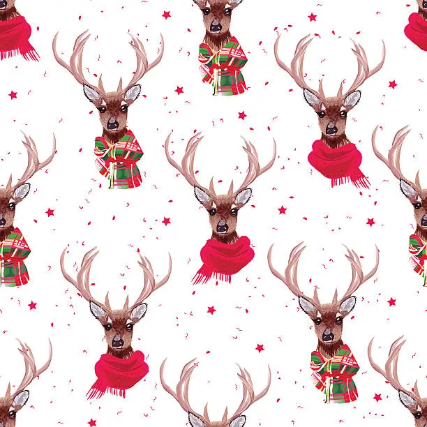 Vector illustration of Graceful deer wearing winter scarves seamless vector print