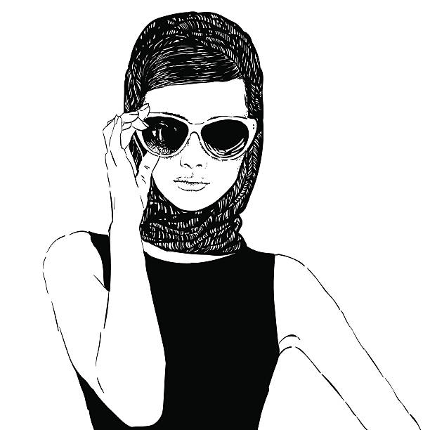Beautiful retro woman, vector. Beautiful retro woman, vector. Copy space. In little black dress with a sun glasses. 60s style dresses stock illustrations