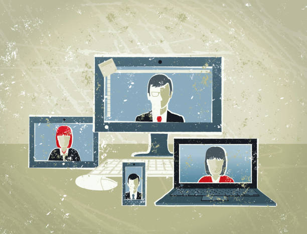 Business People Conference Call on Computer, Tablet and Phone vector art illustration