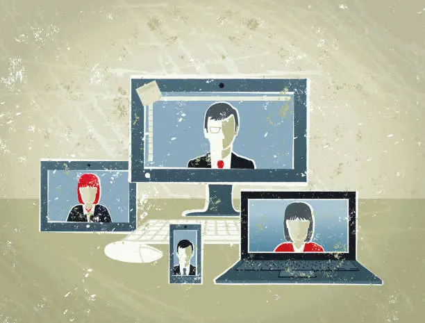 Vector illustration of Business People Conference Call on Computer, Tablet and Phone