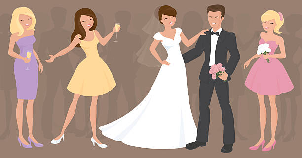 ilustraciones, imágenes clip art, dibujos animados e iconos de stock de boda diversión - wedding reception bridesmaid wedding party