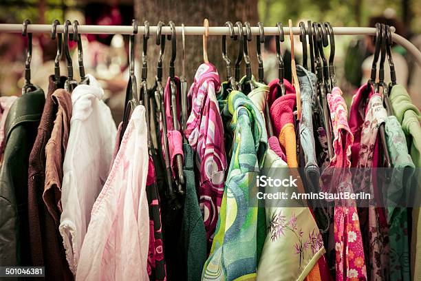 Clothes On A Rack On A Flea Market Stock Photo - Download Image Now - Clothing, Old-fashioned, Thrift Store