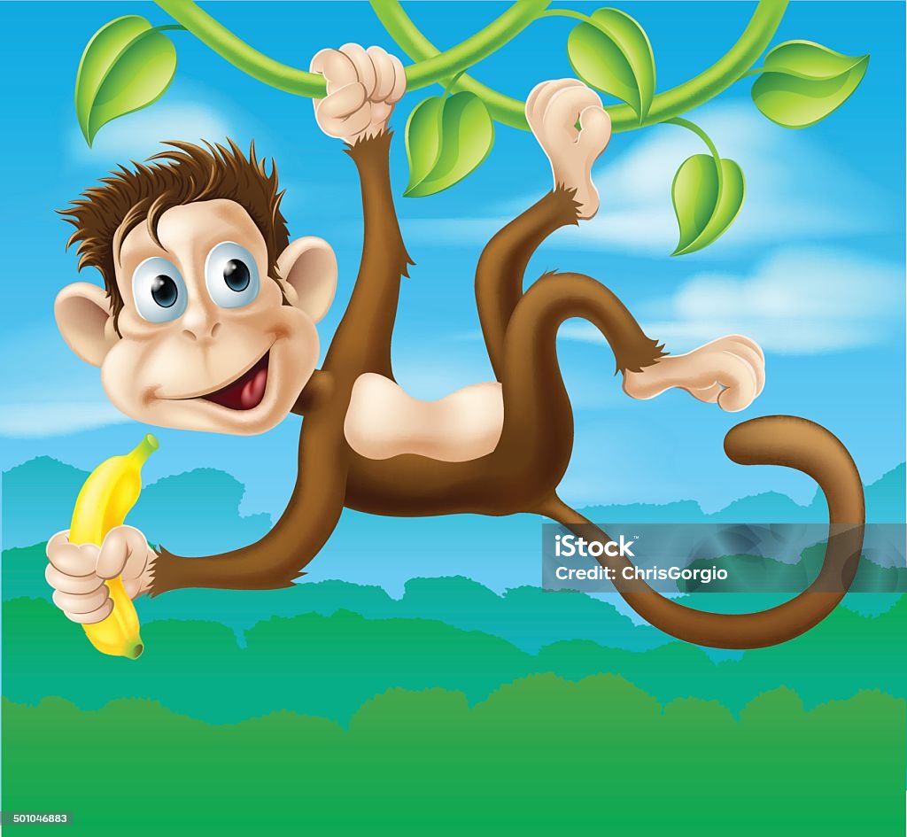 Monkey Cartoon In Jungle Swinging On Vine Stock Illustration - Download  Image Now - Adult, Animal, Animal Body Part - iStock
