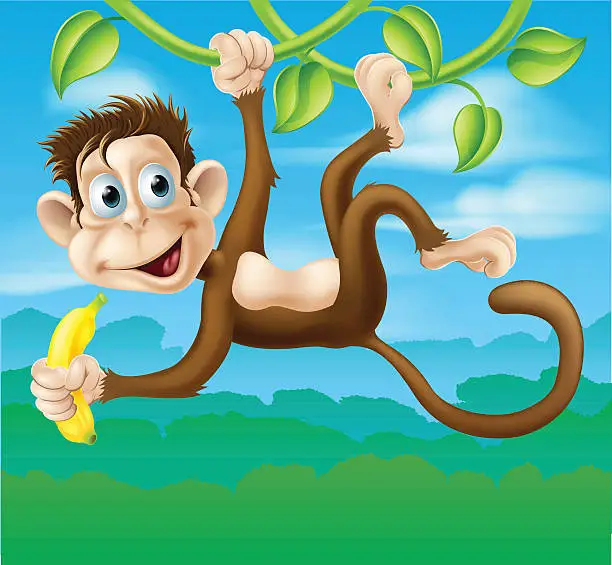 Vector illustration of Monkey cartoon in jungle swinging on vine