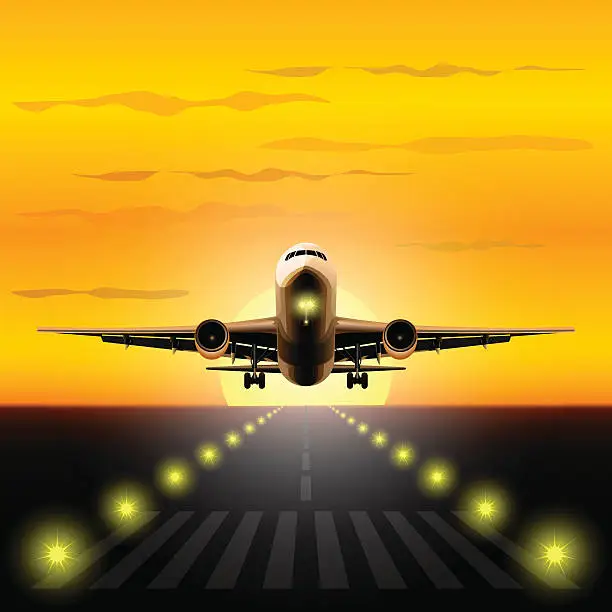 Vector illustration of Airliner landing at sunset