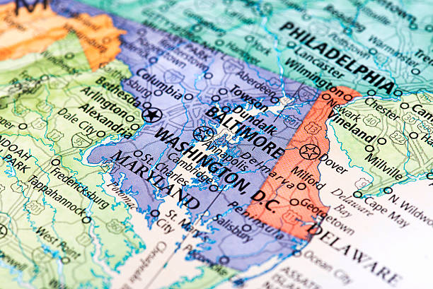 Map of Washington D.C. Map of Washington D.C. in USA. Detail from the World Map. maryland state colors stock pictures, royalty-free photos & images