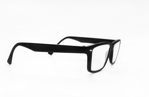 black eyeglasses on white background.