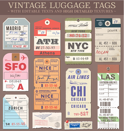 A set of high detail grunge Passport and Luggage Tags, Tickets and stamps. Vector file is EPS v.10. Transparency effects are present. Vector file is organised with layers, with every element separated from text elements to make editing easier.