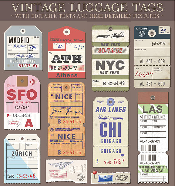 Vector Luggage Tags A set of high detail grunge Passport and Luggage Tags, Tickets and stamps. Vector file is EPS v.10. Transparency effects are present. Vector file is organised with layers, with every element separated from text elements to make editing easier. luggage tag stock illustrations