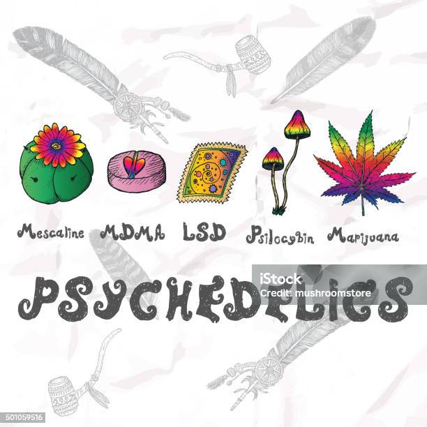 Psychedelics Set Hand Drawn Elements Stock Illustration - Download Image Now - Abstract, Healthcare And Medicine, Herbal Medicine