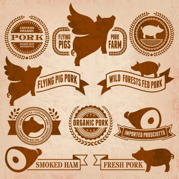 Vector illustration of Natural Organic Pork Badges & Banners in Grunge Style