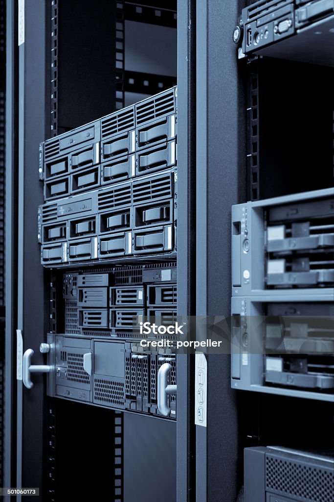 Neywork Servers in Rack with hard disks Network servers hdd in a data center. Swallow depth of field Big Data Stock Photo