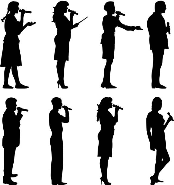 블랙 실루엣 of man (대도시 통신망 및 필요한 - silhouette singer singing group of objects stock illustrations