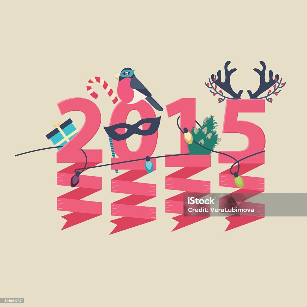 New Year greeting card design 2015 New Year greeting card design with party streamers hanging from pink numerals decorated with Christmas lights, a gift, robin, tree and antlers 2015 stock vector