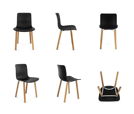 Black Plastic Modern Chair with Wood Legs on White Background, Multiple Angles