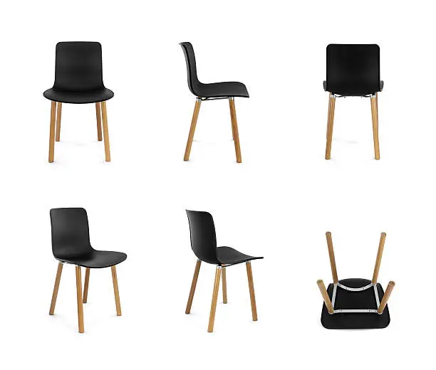 Photo of Black Plastic Modern Chair with Wood Legs, Multiple Angles