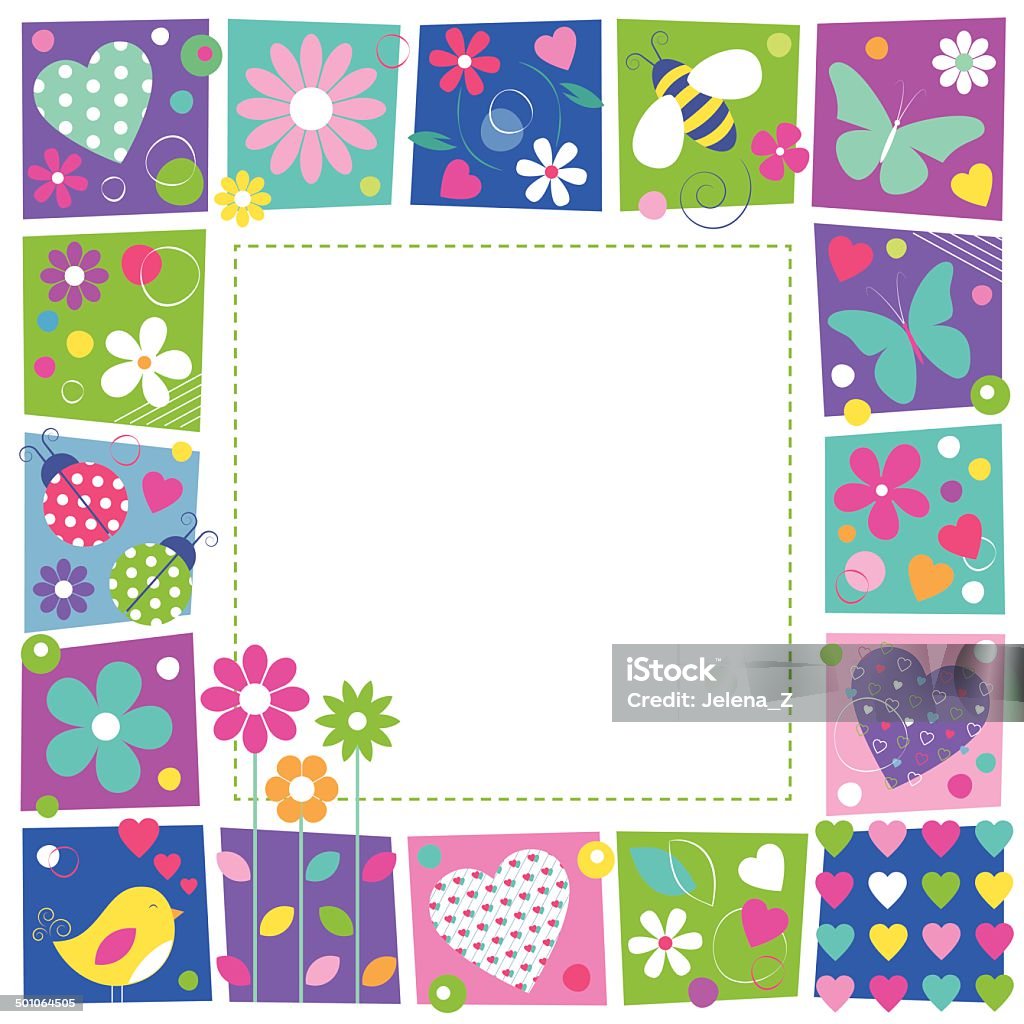cute hearts flowers and butterflies border illustration of butterflies hearts flowers ladybugs bee and a bird on colorful square shape frame and white background Bee stock vector