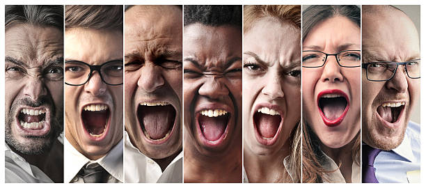 Group scream Collage of seven people screaming from close furious stock pictures, royalty-free photos & images