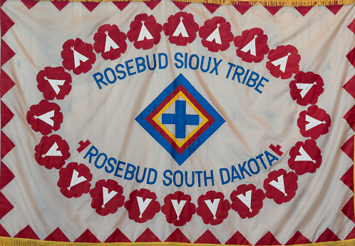 Crazy Horse, South Dakota, USA - October 31, 2015: Rosebud Sioux Tribe flag on display at the Crazy Horse Memorial in South Dakota