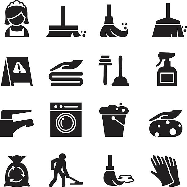 reinigung symbole set - dust dusting cleaning broom stock-grafiken, -clipart, -cartoons und -symbole