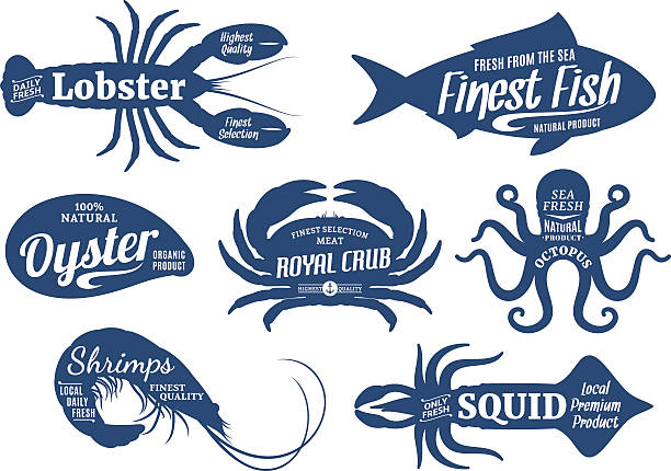 Set of seafood label templates. Sea animals with sample text. Seafood silhouettes collection for groceries, stores, packaging and advertising.