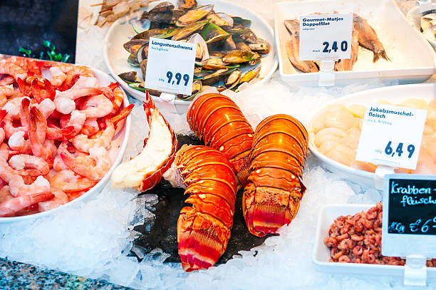 istock Fresh seafood stall at a market 501071456