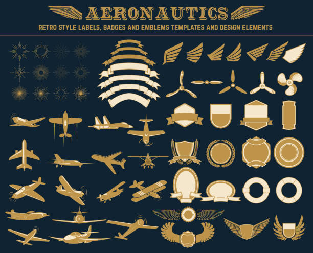 aeronautics labels templates set Aeronautics retro style labels, badges and emblems templates and design elements. fighter plane vintage stock illustrations