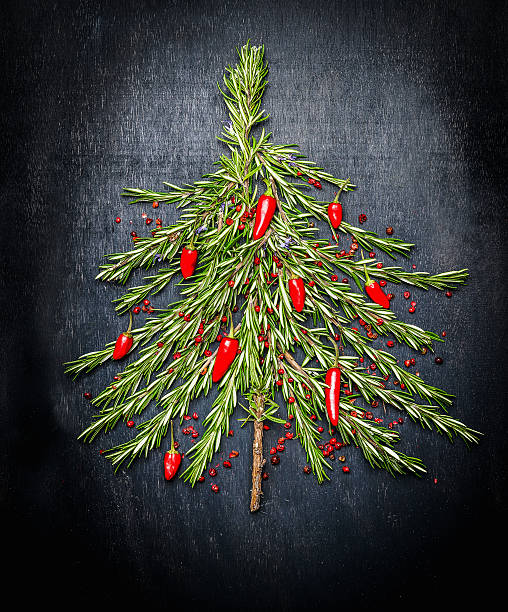 Food Christmas tree  made of fresh rosemary and red chili stock photo
