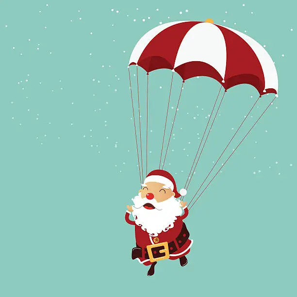 Vector illustration of Santa clause is parachuting in the air. Christmas ornament.