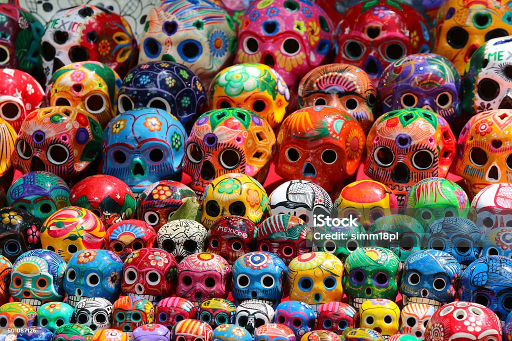 Mexican Ceramic Skulls A calavera is a representation of a human skull. The term is most often applied to decorative or edible skulls made (usually by hand) from either sugar (called Alfeñiques) or clay which are used in the Mexican celebration of the Day of the Dead (Día de los Muertos) and the Roman Catholic holiday All Souls' Day. Day Of The Dead Stock Photo