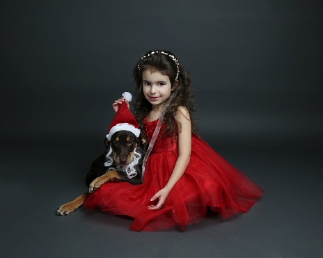 little girl in dress with her puppy wearing a santa hat