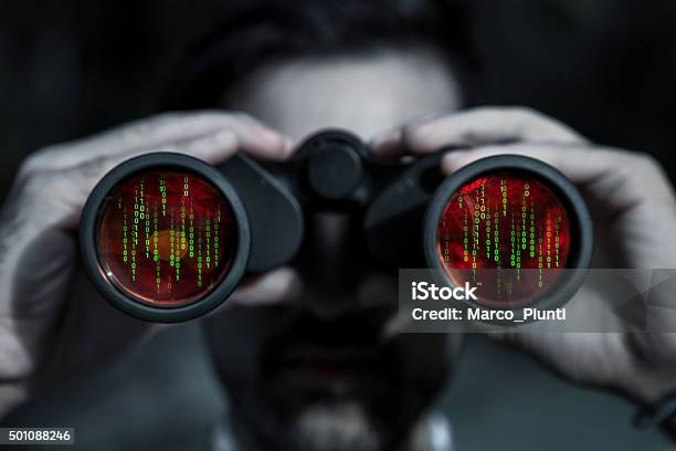 Hacker Spy Your Data File Stock Photo - Download Image Now - Binoculars, Coding, Network Security