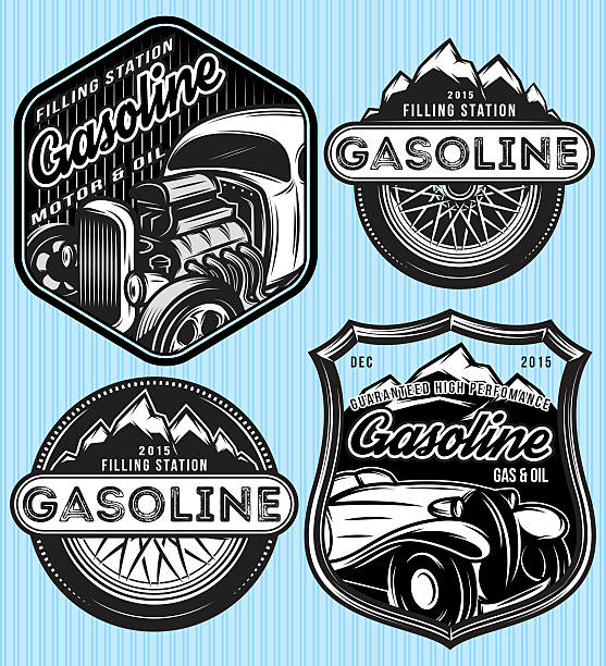 vector set of badges для рекламы бензина - gas fuel pump symbol metal stock illustrations