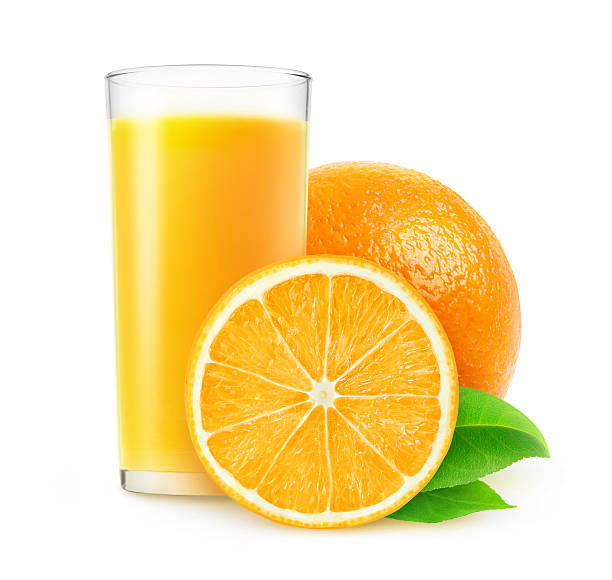 succo d'arancia isolato su bianco con percorso clip - isolated on white orange juice ripe leaf foto e immagini stock