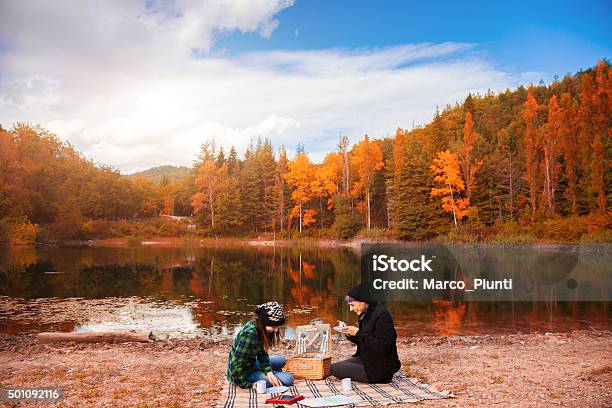 Two Beautiful Girl Relax In The Mountain Stock Photo - Download Image Now - Adventure, Cafe, Communication
