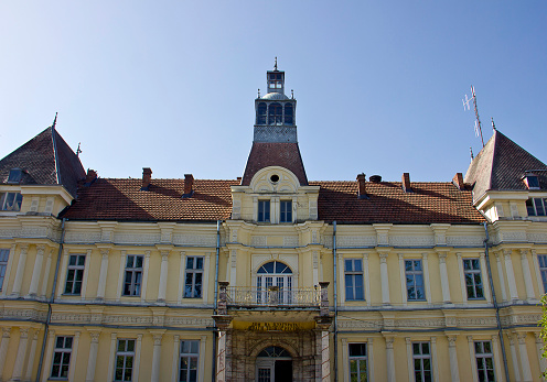 Spiez, Canton Bern, Switzerland, February 12, 2023 Beautiful castle Spiez at the coast of the lake of Thun on a sunny day